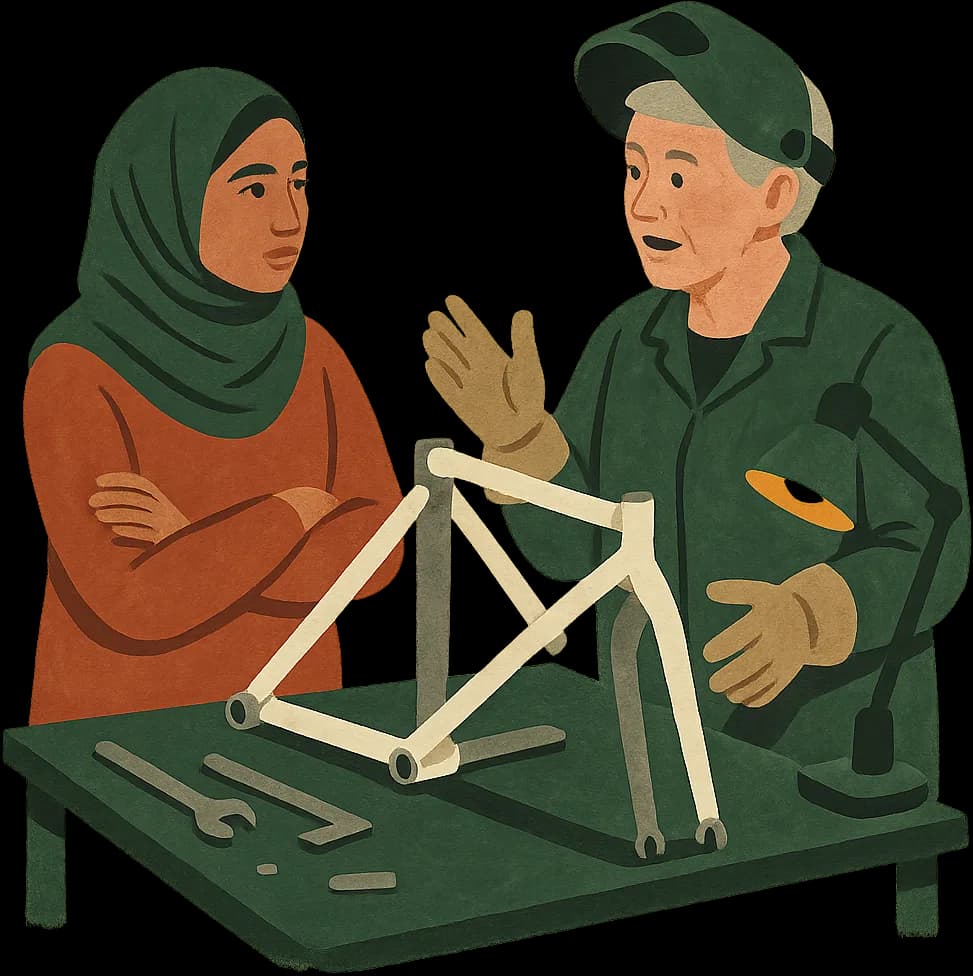 A student in a workshop, listening to someone explain what the job is really like