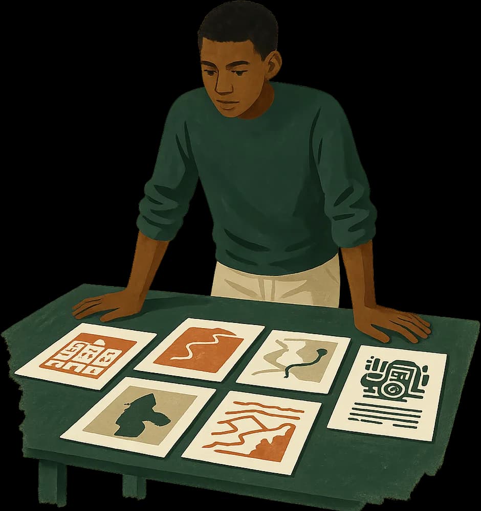 A student looking over a table covered with dossiers, each on a different kind of work