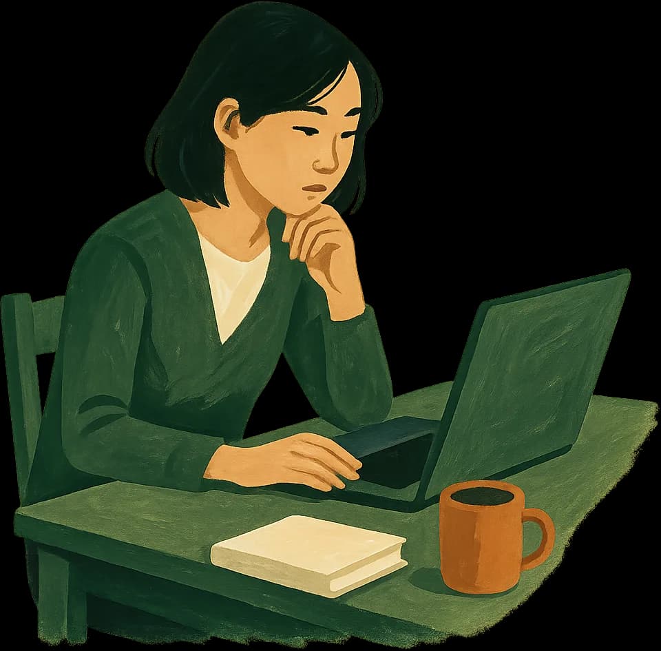 A student working through an assessment at a laptop, thinking rather than struggling
